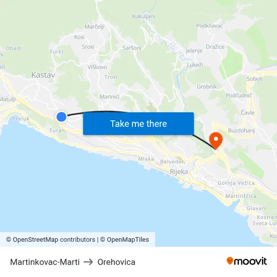 Martinkovac-Marti to Orehovica map
