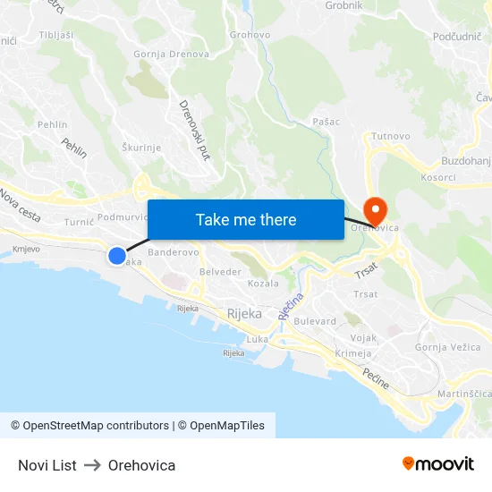 Novi List to Orehovica map