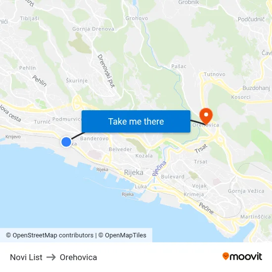 Novi List to Orehovica map