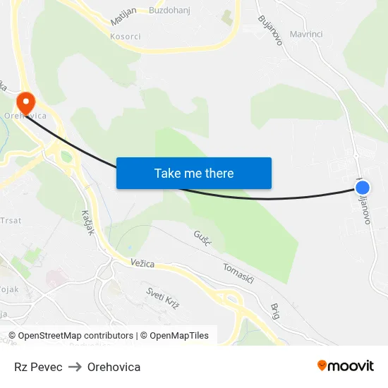 Rz Pevec to Orehovica map