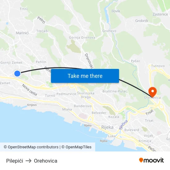 Pilepići to Orehovica map