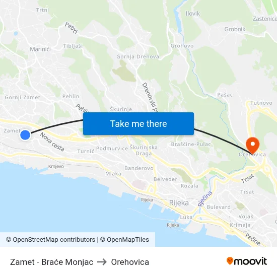 Zamet - Braće Monjac to Orehovica map