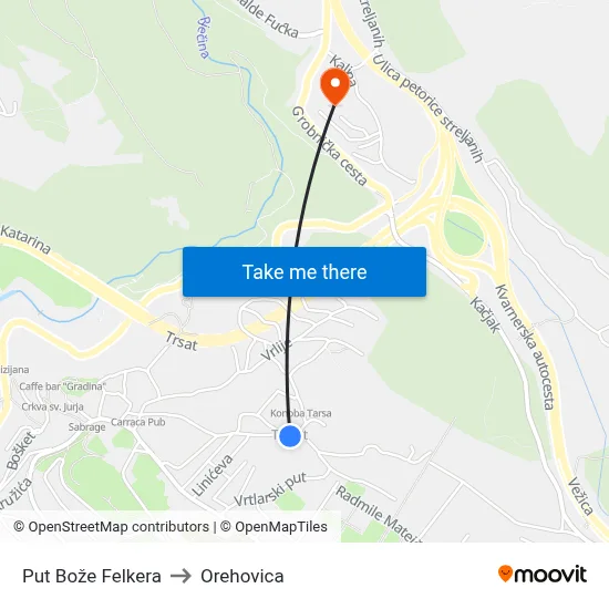 Put Bože Felkera to Orehovica map