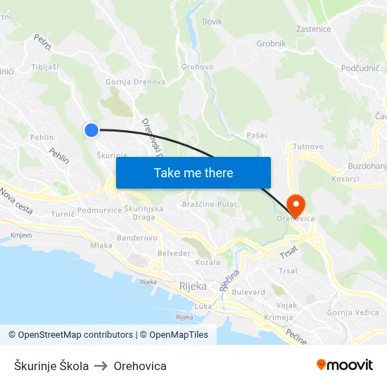 Škurinje Škola to Orehovica map