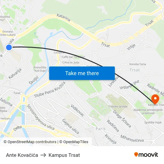 Ante Kovačića to Kampus Trsat map