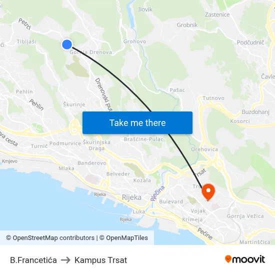 B.Francetića to Kampus Trsat map