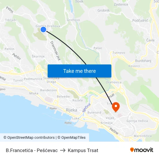 B.Francetića - Pešćevac to Kampus Trsat map