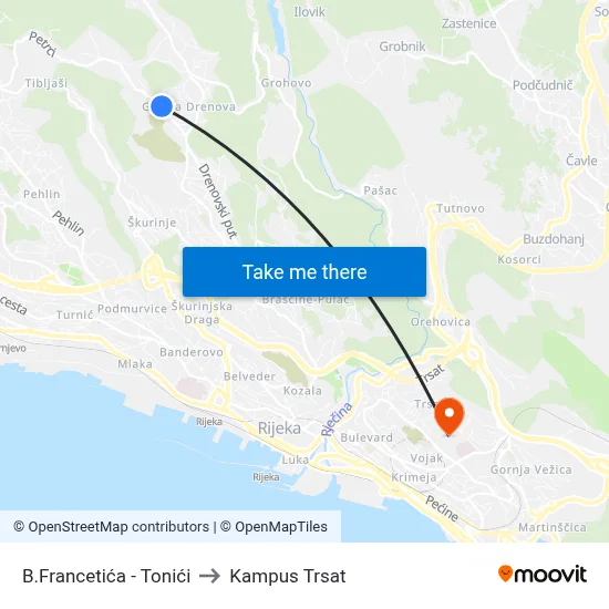 B.Francetića - Tonići to Kampus Trsat map