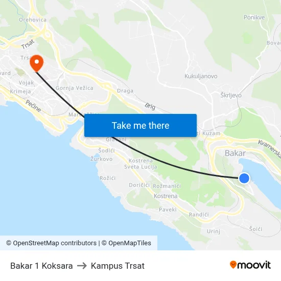 Bakar 1 Koksara to Kampus Trsat map