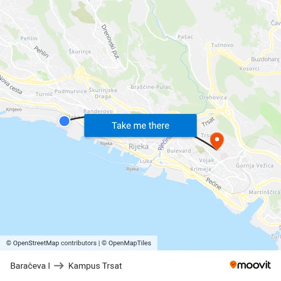 Baračeva I to Kampus Trsat map