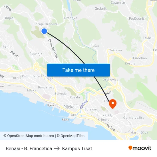 Benaši - B. Francetića to Kampus Trsat map