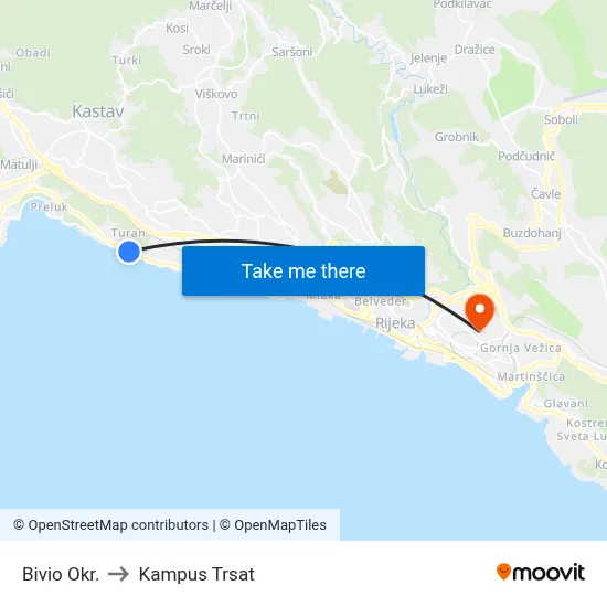 Bivio Okr. to Kampus Trsat map