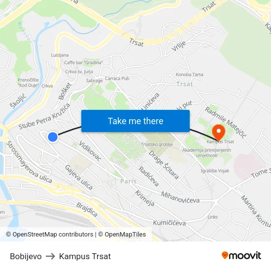 Bobijevo to Kampus Trsat map