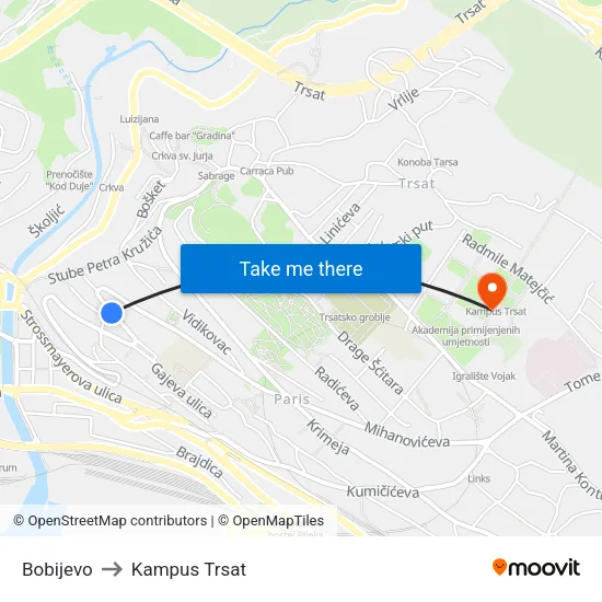 Bobijevo to Kampus Trsat map