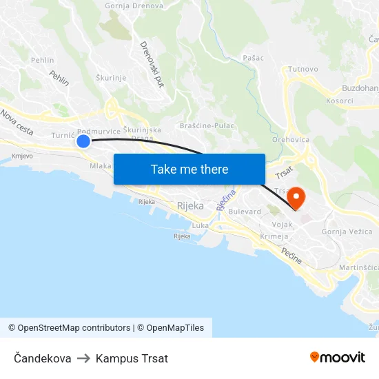 Čandekova to Kampus Trsat map