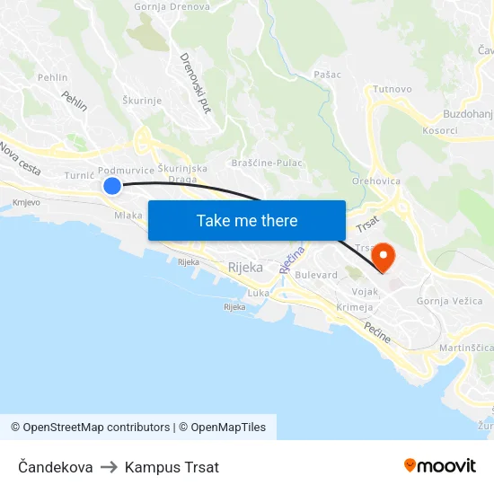 Čandekova to Kampus Trsat map