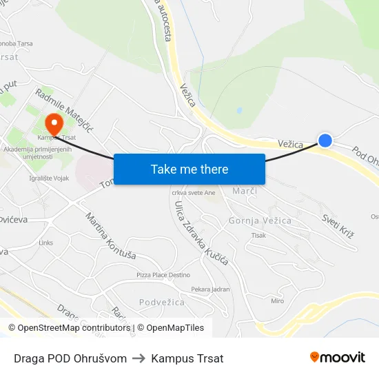 Draga POD Ohrušvom to Kampus Trsat map