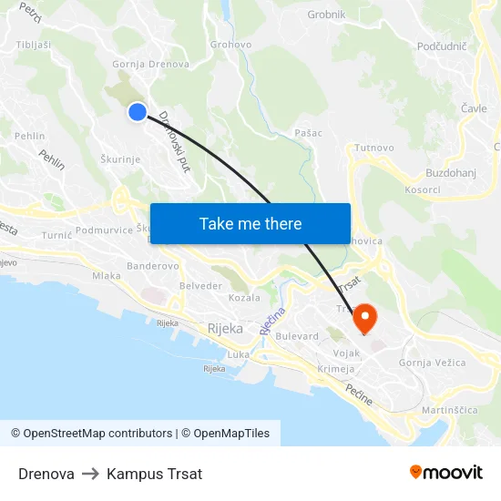 Drenova to Kampus Trsat map