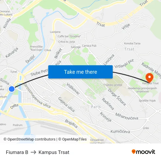 Fiumara  B to Kampus Trsat map