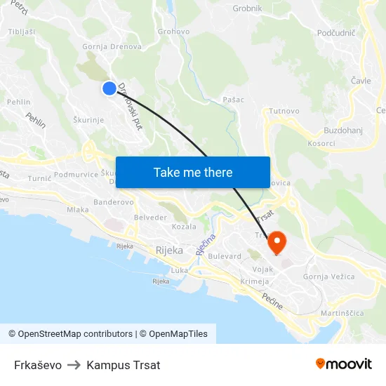 Frkaševo to Kampus Trsat map