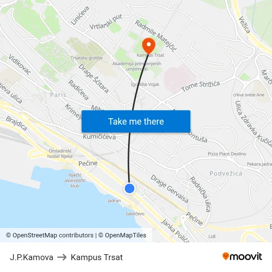 J.P.Kamova to Kampus Trsat map