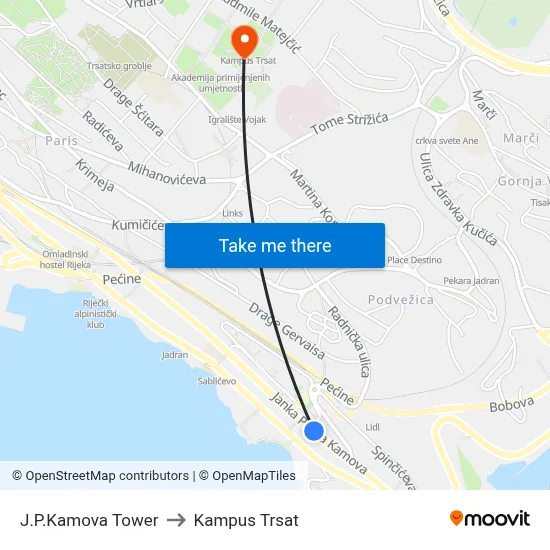 J.P.Kamova Tower to Kampus Trsat map