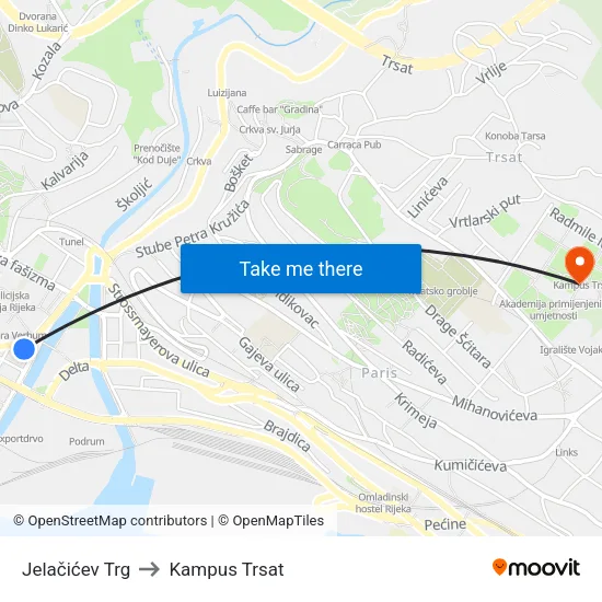 Jelačićev Trg to Kampus Trsat map