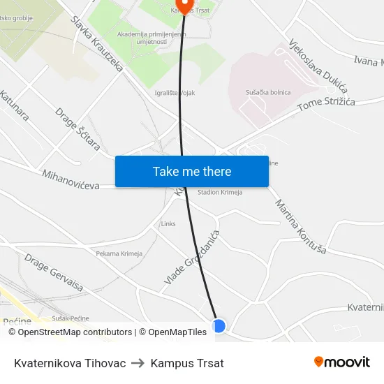 Kvaternikova Tihovac to Kampus Trsat map