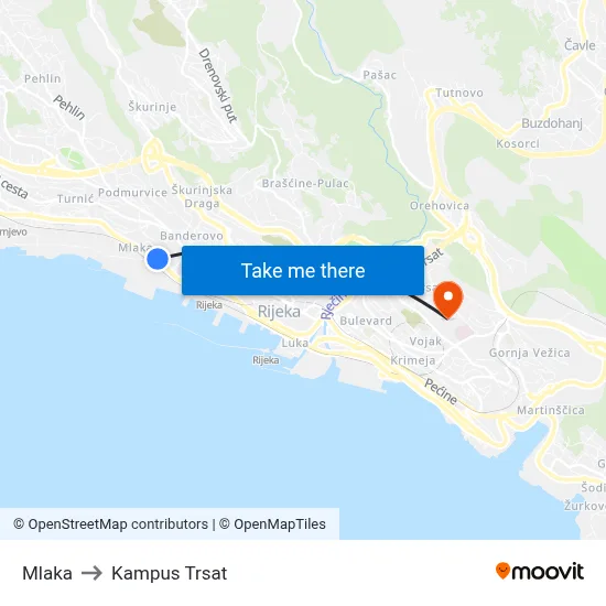 Mlaka to Kampus Trsat map