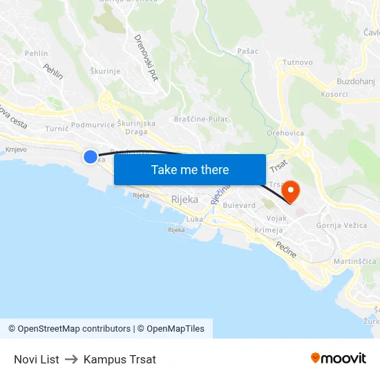 Novi List to Kampus Trsat map