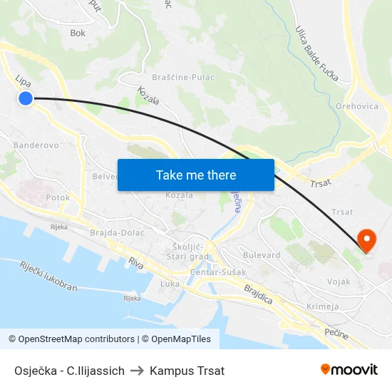 Osječka - C.Ilijassich to Kampus Trsat map