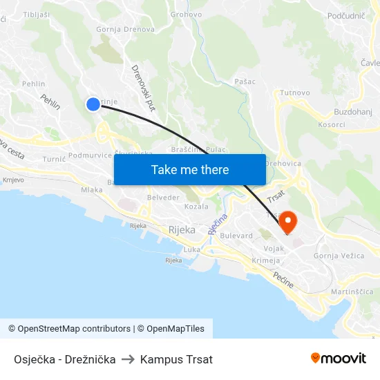 Osječka - Drežnička to Kampus Trsat map