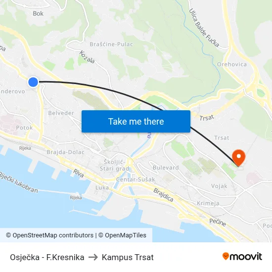 Osječka - F.Kresnika to Kampus Trsat map