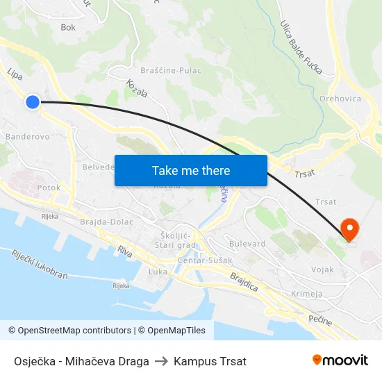 Osječka - Mihačeva Draga to Kampus Trsat map