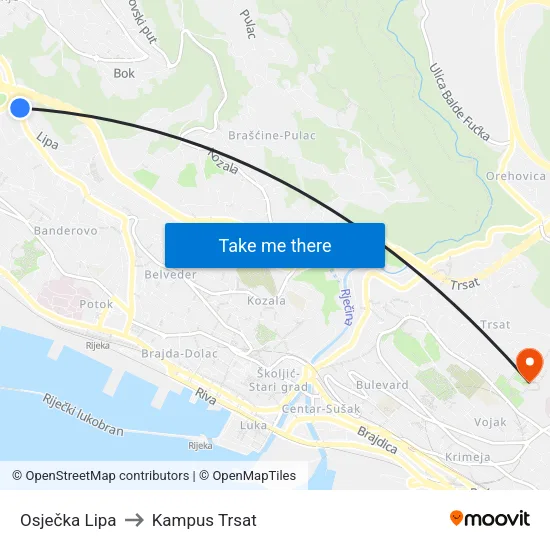 Osječka Lipa to Kampus Trsat map