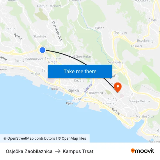 Osječka Zaobilaznica to Kampus Trsat map