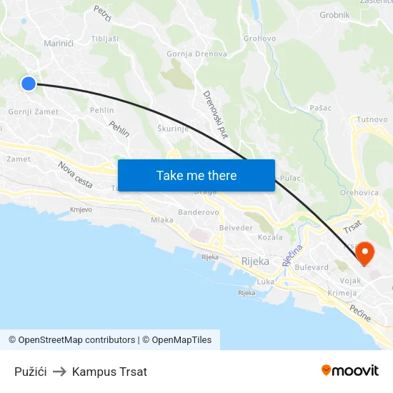 Pužići to Kampus Trsat map