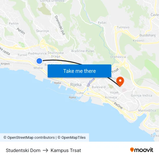 Studentski Dom to Kampus Trsat map