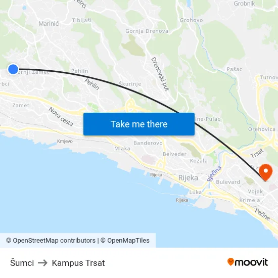 Šumci to Kampus Trsat map