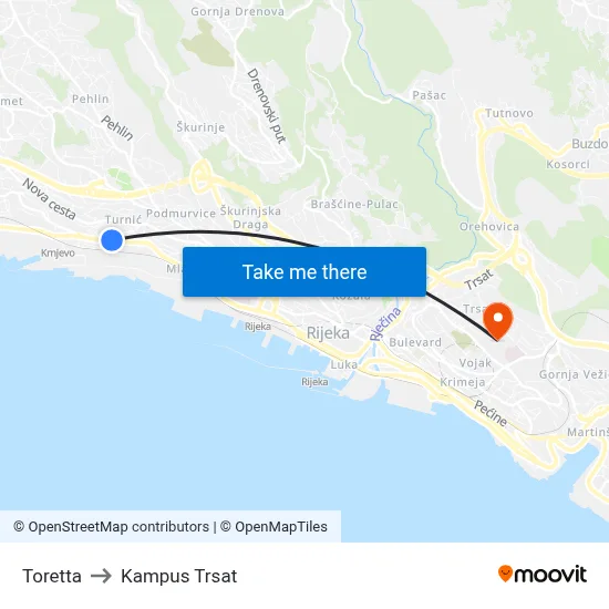 Toretta to Kampus Trsat map