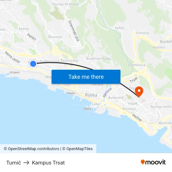 Turnić to Kampus Trsat map
