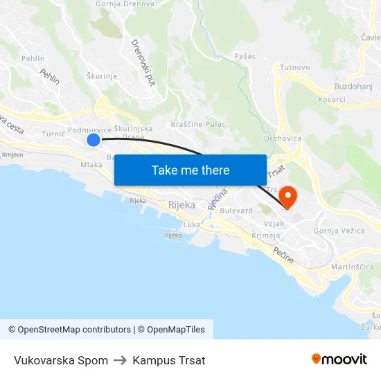 Vukovarska Spom to Kampus Trsat map