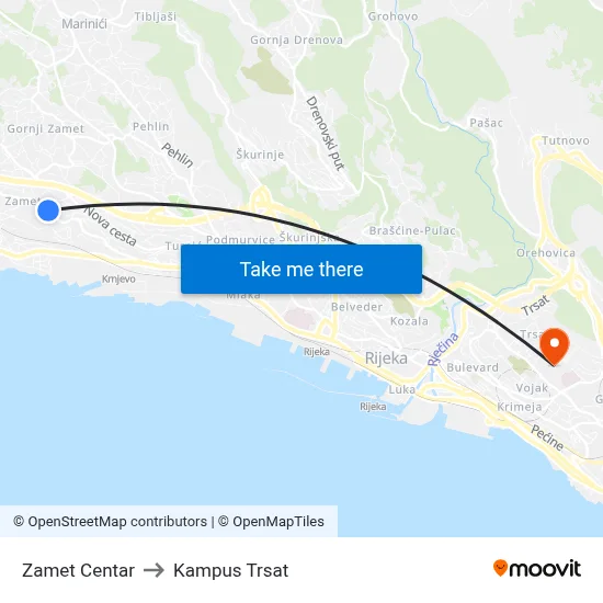 Zamet Centar to Kampus Trsat map