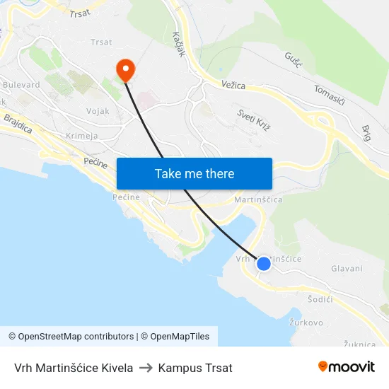 Vrh Martinšćice Kivela to Kampus Trsat map