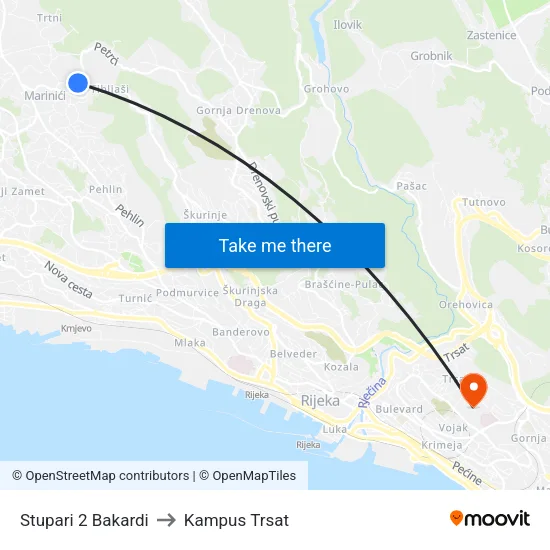 Stupari 2 Bakardi to Kampus Trsat map