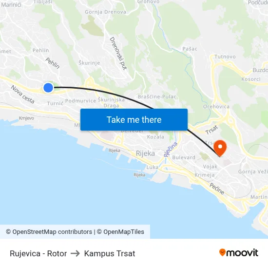 Rujevica - Rotor to Kampus Trsat map