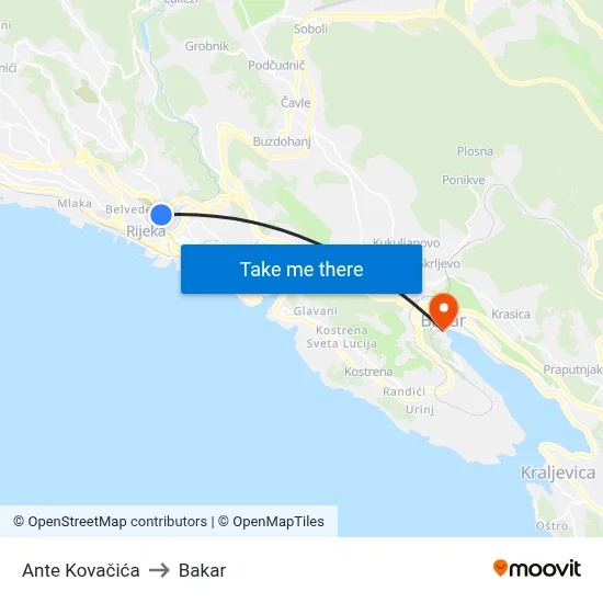 Ante Kovačića to Bakar map