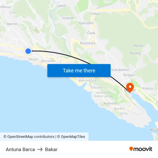 Antuna Barca to Bakar map
