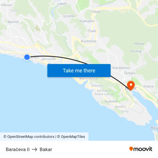 Baračeva II to Bakar map