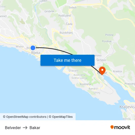 Belveder to Bakar map